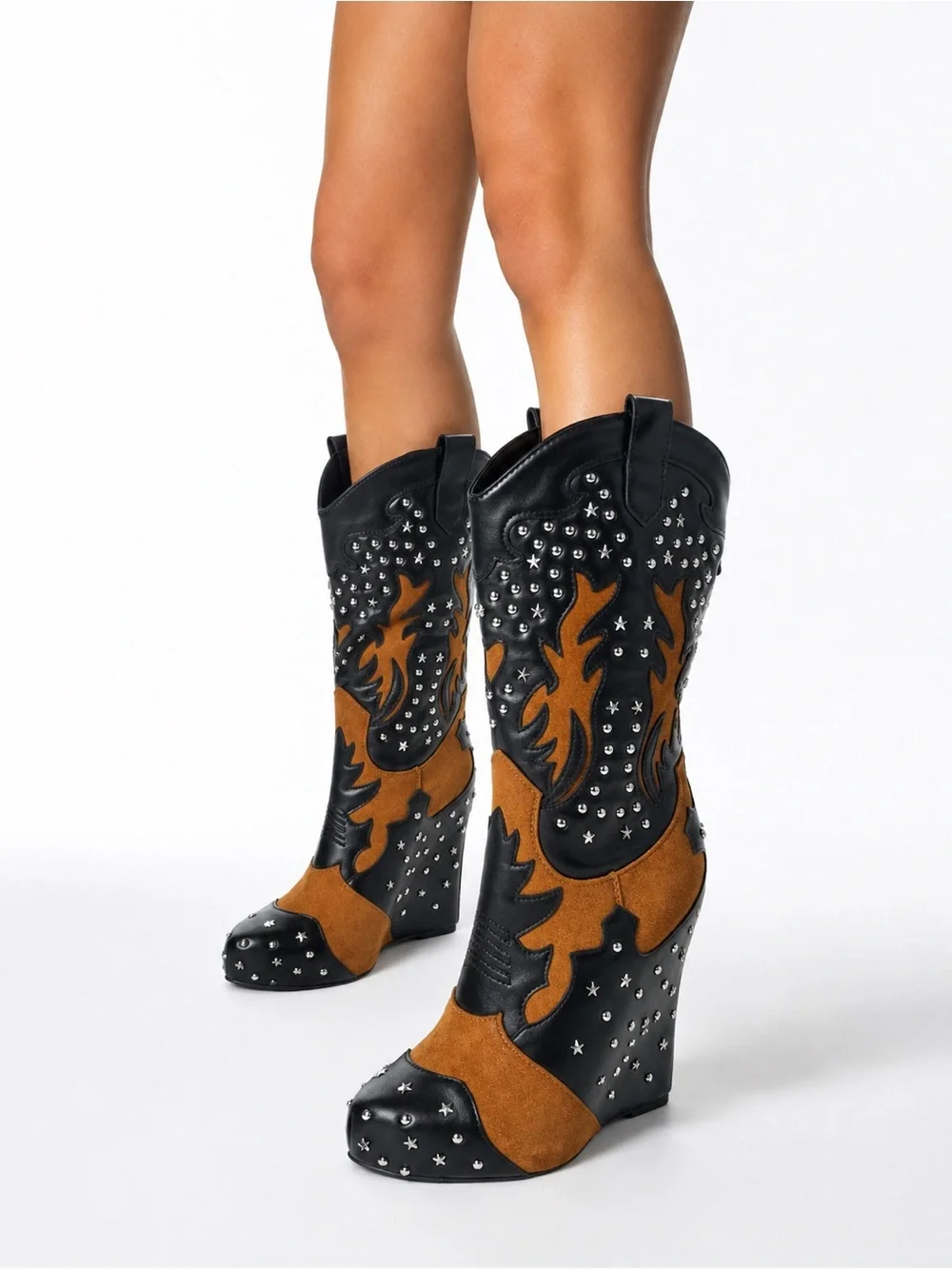 Azalea Wang Callia Black Multi Studded Western Wedge Boots NWT